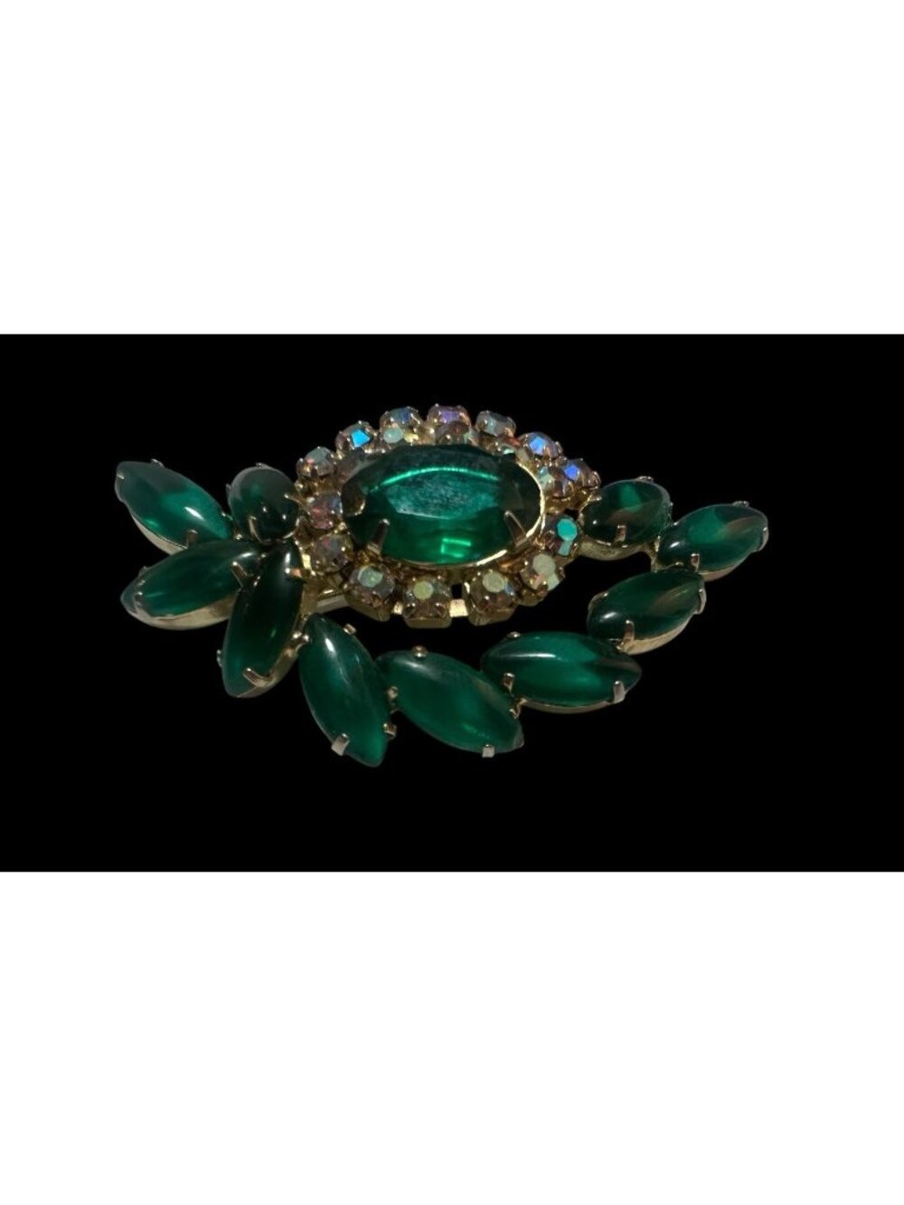 Juliana D & E Emerald Green Glass Marquise Cabochon AB Rhinestone Floral Brooch